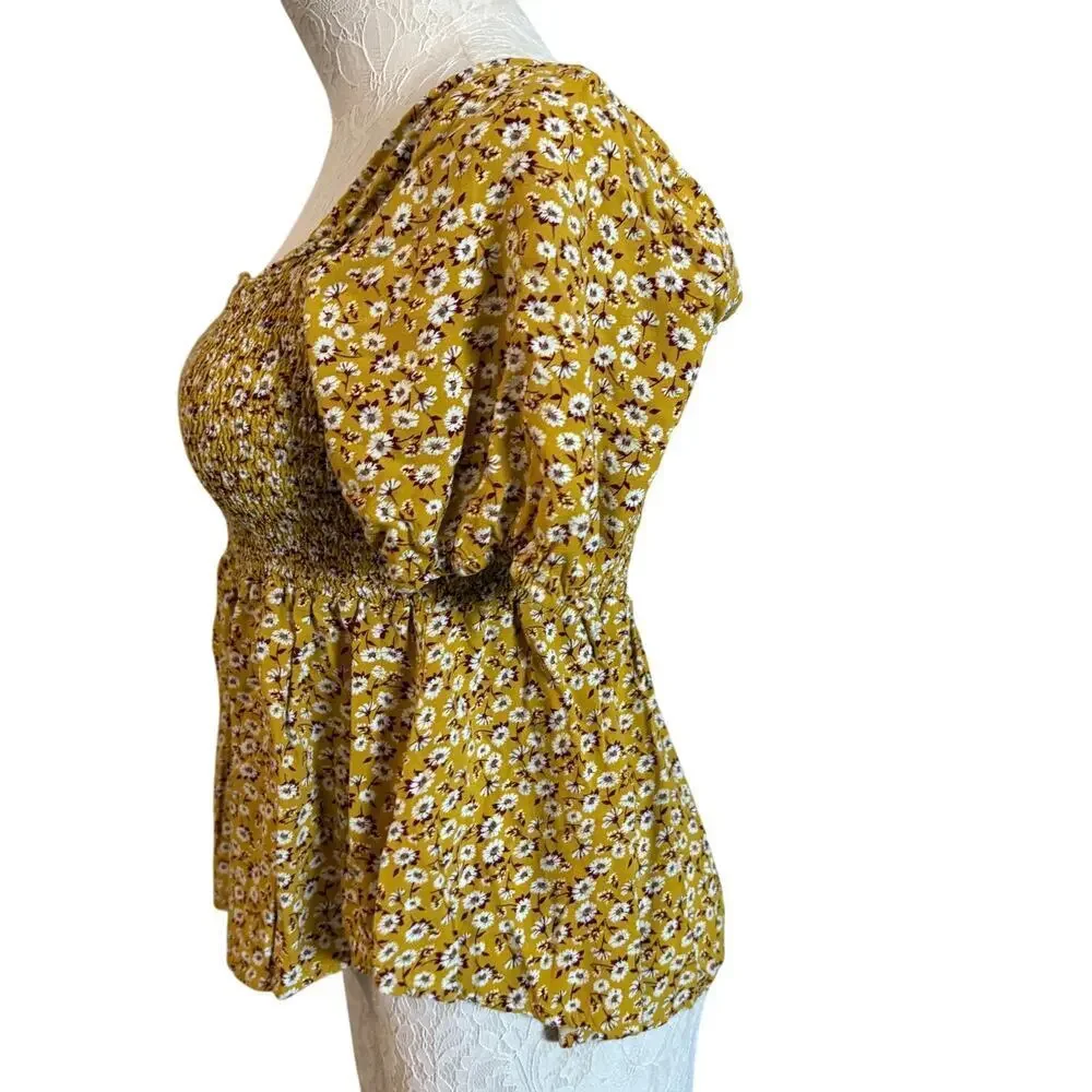 Floral Smocked  Milkmaid Peaplum Bell sleeve top Womens XL Cottagecore Fairy Y2k